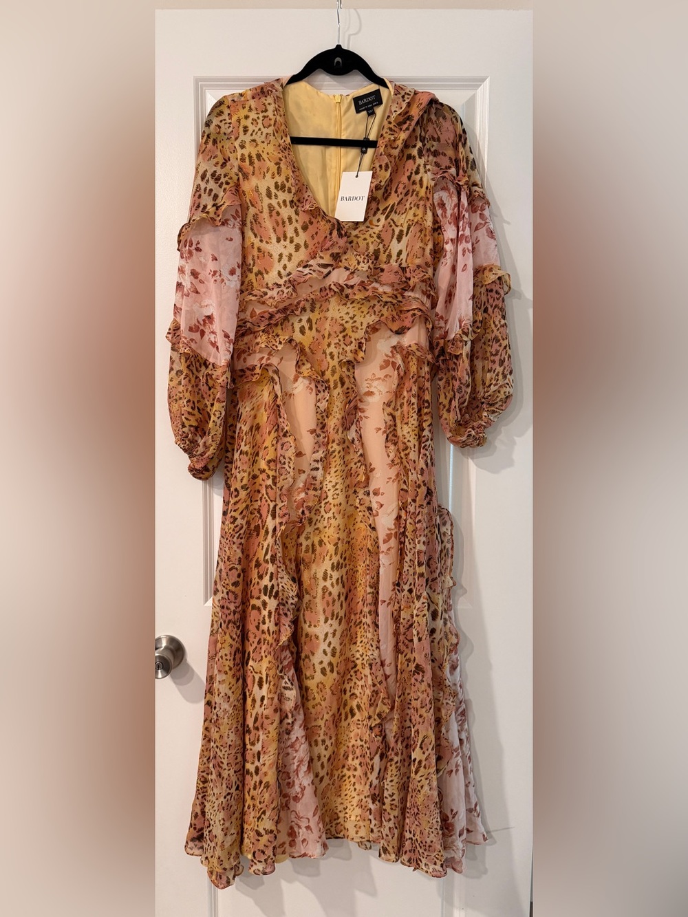 NWT Bardot Pink and Gold Animal Print Ruffle Midi Dress